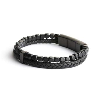 Doppelarmband mit italienischem Leder und 4 mm schwarzem Achatstein - Double Black